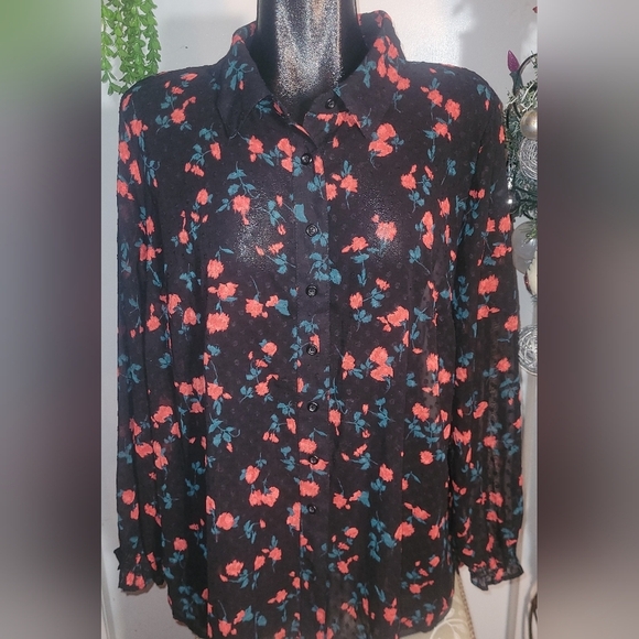 Lane Bryant Black Floral Sheer Button Up Shirt - Picture 1 of 8